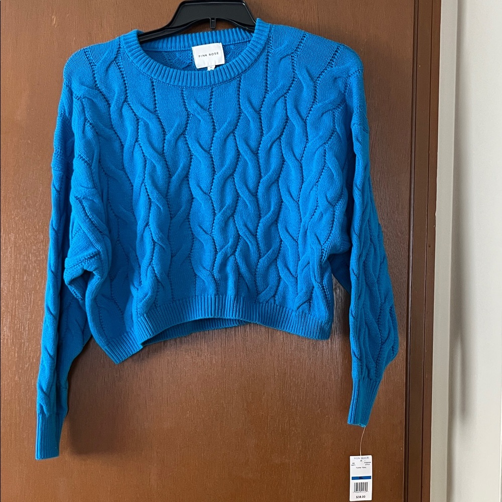 Pink Rose Vibrant Blue Cable Knit Sweater